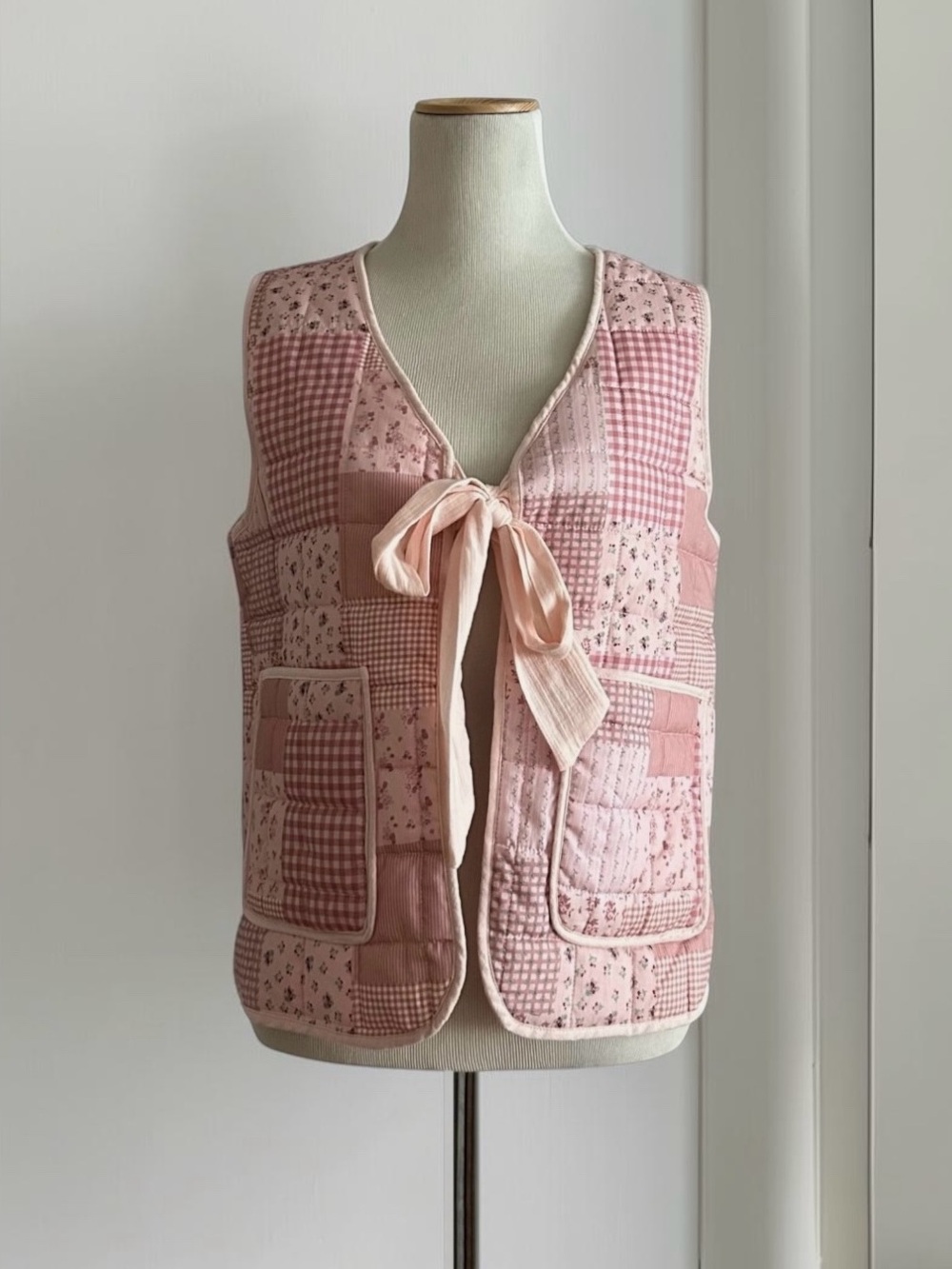 Stoosh Pink Patchwork Quilted Tie Front Vest